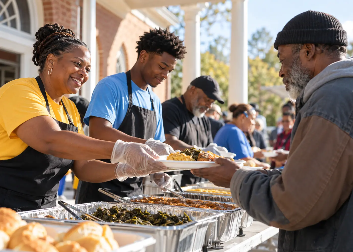 Volunteers serving a community meal